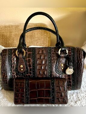 Brahmin Croc-Embossed Leather Satchel with Matching Wallet